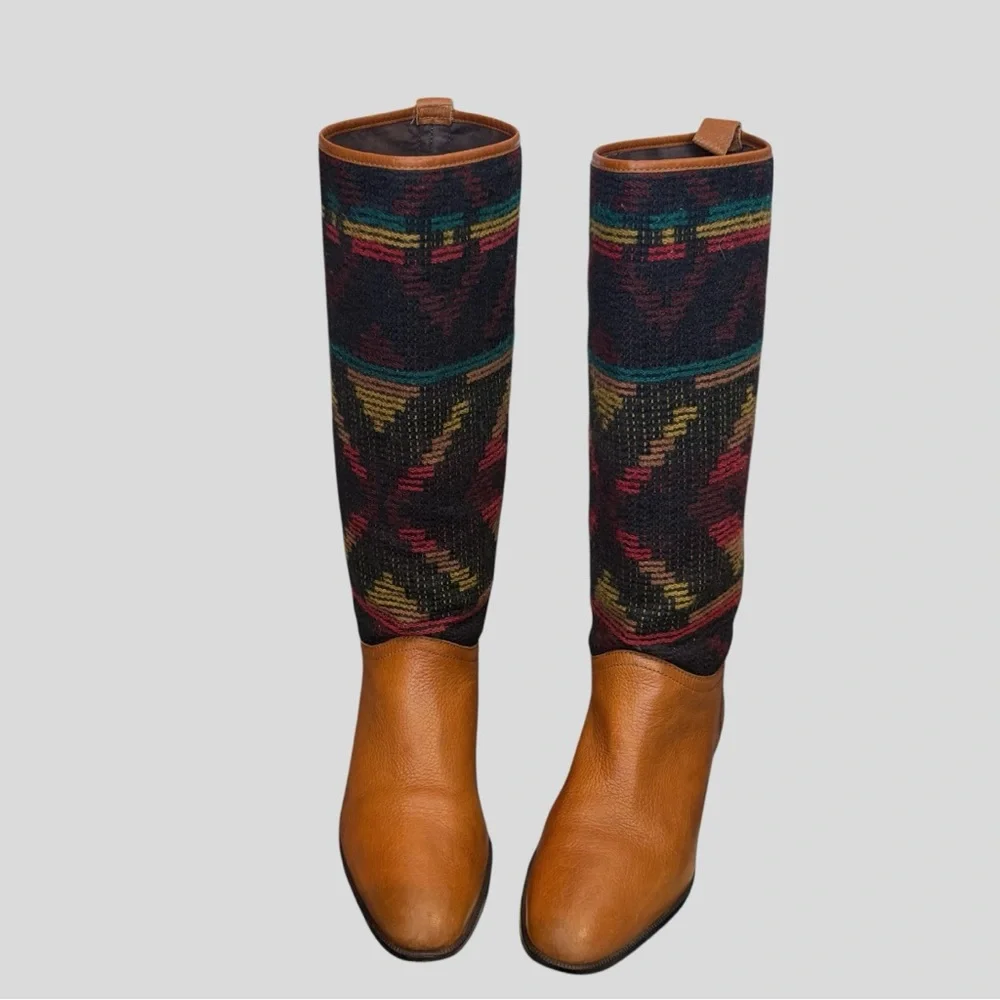 Vintage Unisa Aztec Western Boho Multicolor Knee-High Leather Boots